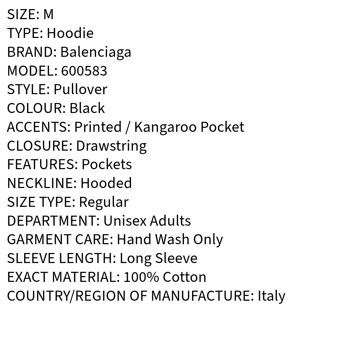 RRP £630 BNWT BALENCIAGA CREW Hoodie M, Kangaroo Pocket, Made In Italy