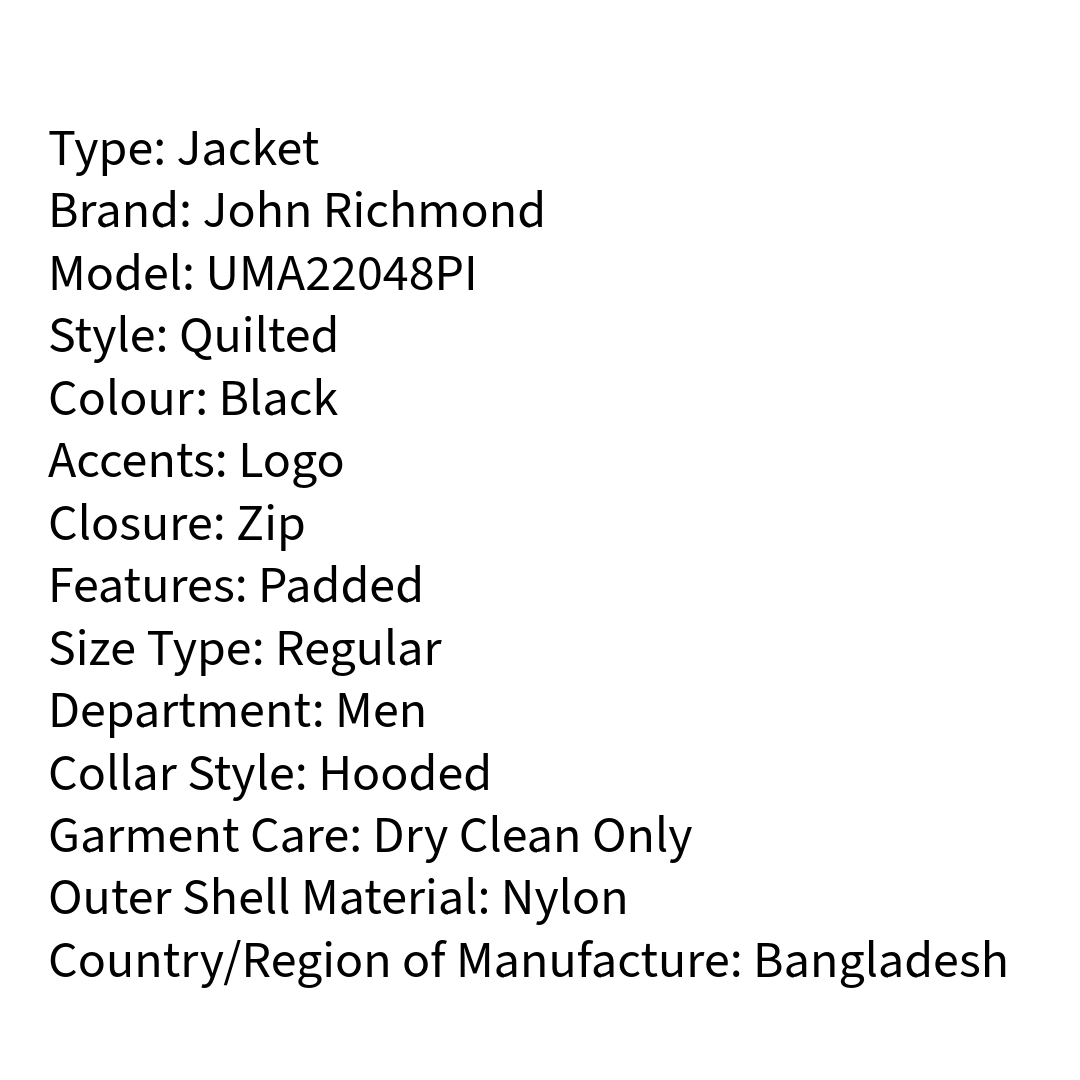 RRP £385 BNWT JOHN RICHMOND Quilted Jacket Size L, Full Zip Hooded