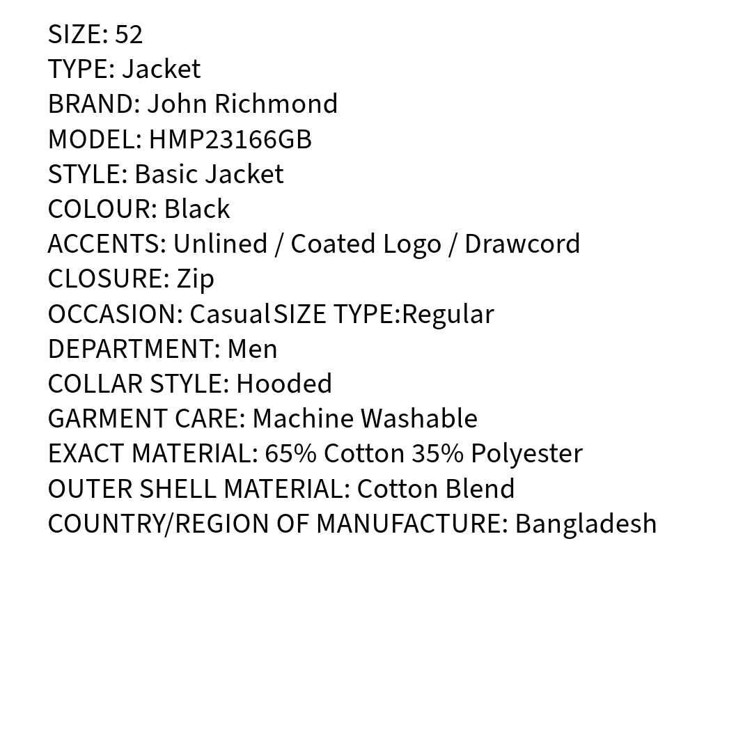 RRP £285 BNWT JOHN RICHMOND Coated Jacket Size L, Drawcord Hooded