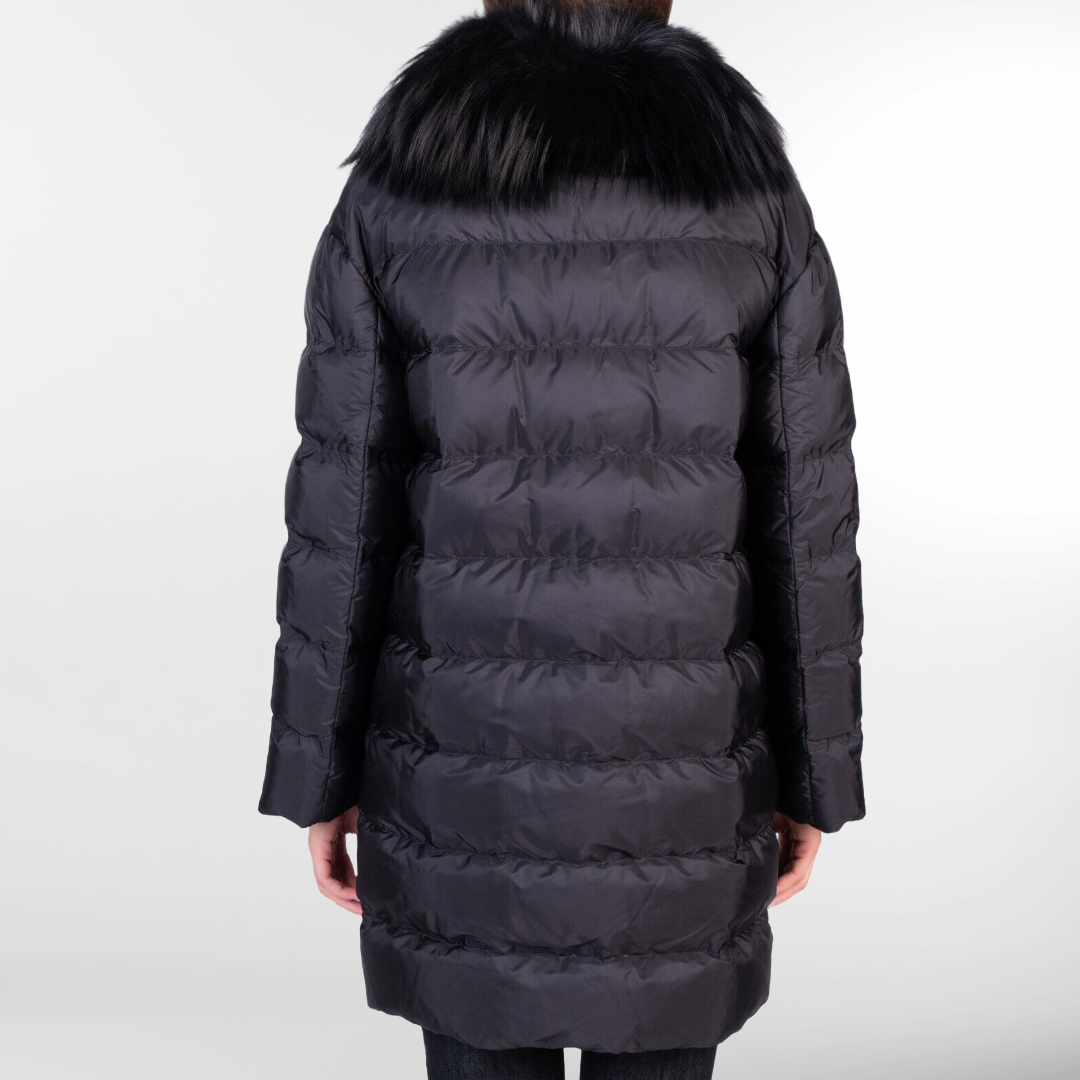 SOLD RRP £ 2220 Brand New With Tags PRADA Piumino Womens Black Down Jacket XL - Silk Blend Lined - Fox Fur Collar