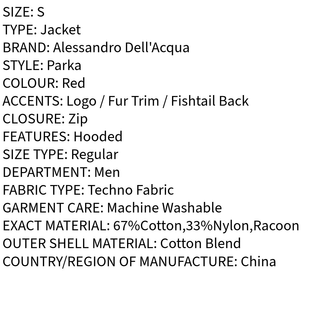 RRP £600 BNWT ALESSANDRO DELL'ACQUA Parka Jacket Size S, Detachable Hood
