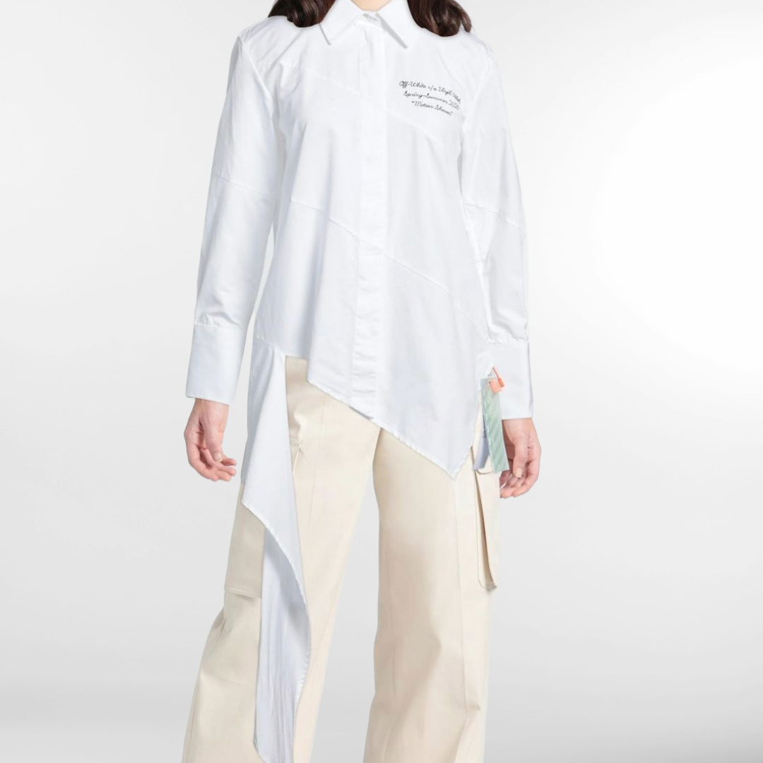 RRP £450 BNWT OFF-WHITE c/o VIRGIL ABLOH Shirt Size 12 L, Embroidered, Asymmetric Draped, Made in Italy