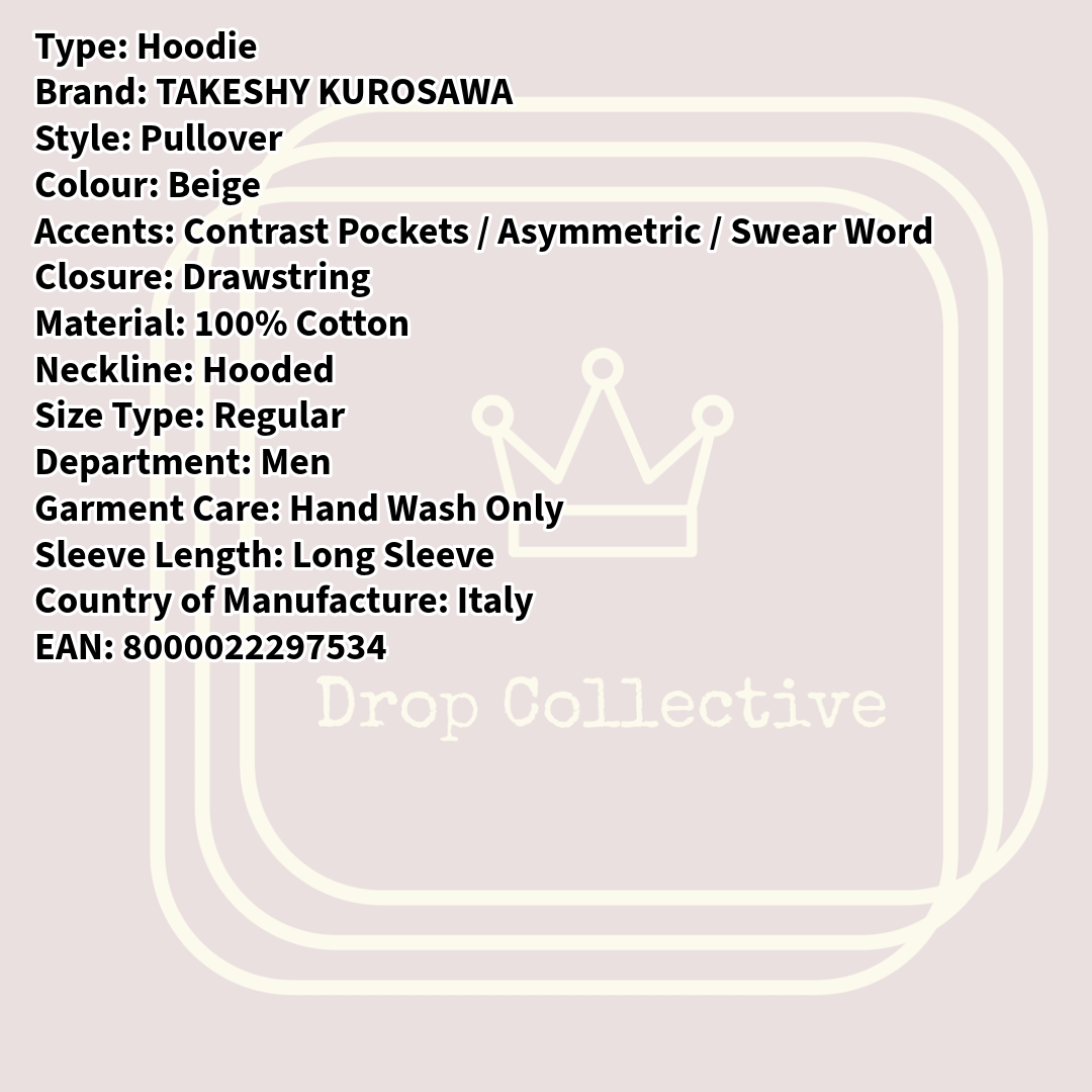 RRP £145 BNWT TAKESHY KUROSAWA HOMME Hoodie Size S, Two-Tone Asymmetric, Made in Italy