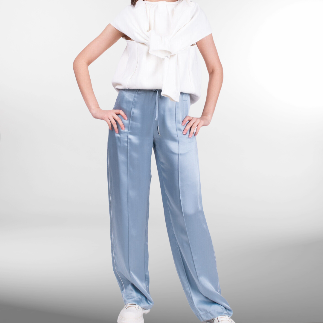 RRP £400 BNWT OFF-WHITE Womens Satin Track Trousers, Blue Seam Front, UK8 Size S