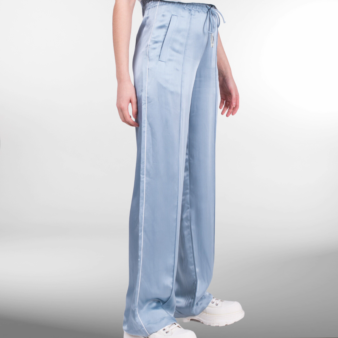 RRP £400 BNWT OFF-WHITE Womens Satin Track Trousers, Blue Seam Front, UK8 Size S