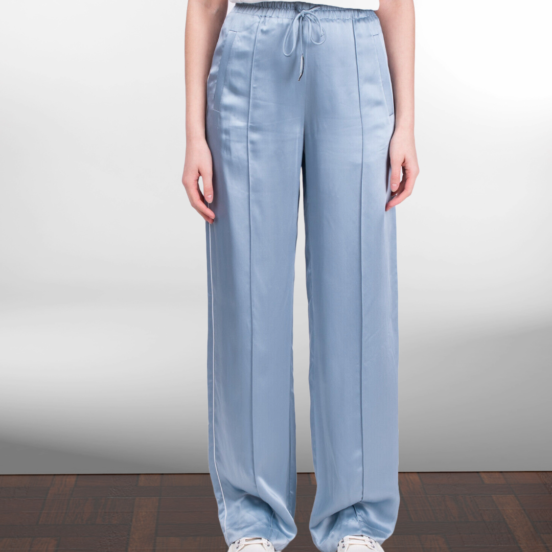 RRP £400 BNWT OFF-WHITE Womens Satin Track Trousers, Blue Seam Front, UK8 Size S