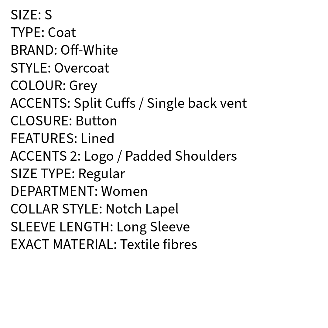 RRP £2000 BNWT OFF-WHITE c/o VIRGIL ABLOH Coat Size S, Single Breasted with Split Cuffs