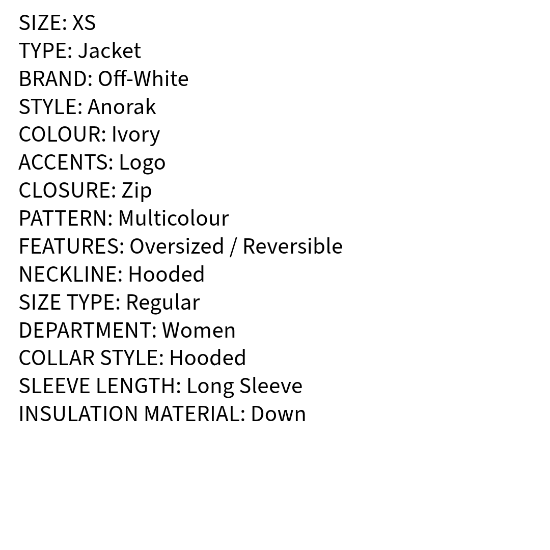 RRP £1826 BNWT OFF-WHITE c/o VIRGIL ABLOH Warm Down Oversized Anorak Jacket Size XS, Zip Hooded