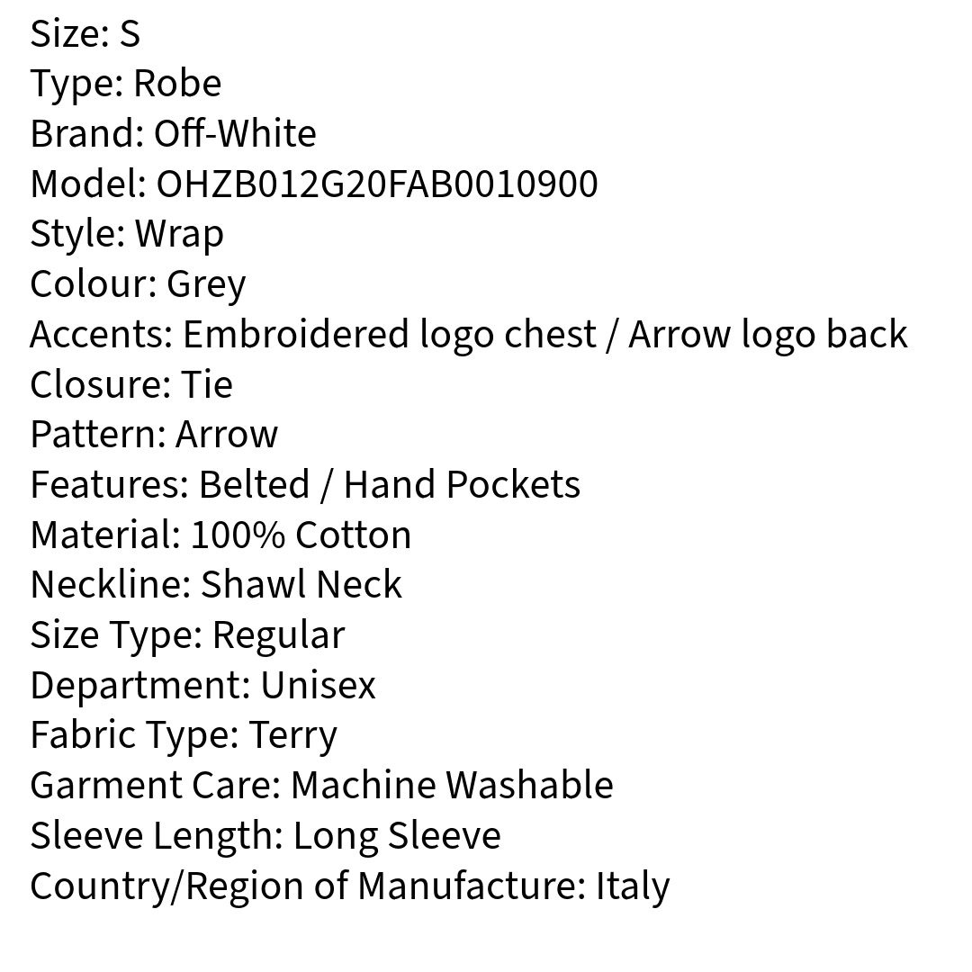 Copy of RRP £240 Brand New OFF-WHITE HOME Bath Robe - Arrow Logo Size S - M. Made In Italy
