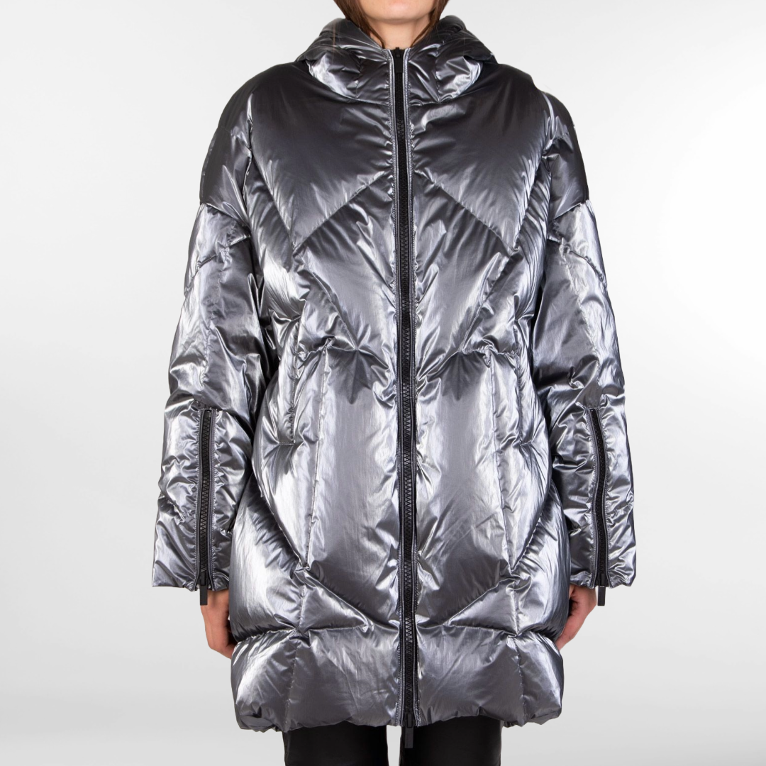 RRP £460 BNWT HETREGO' Silver Down Quilted Coat Size L. Water Repellent