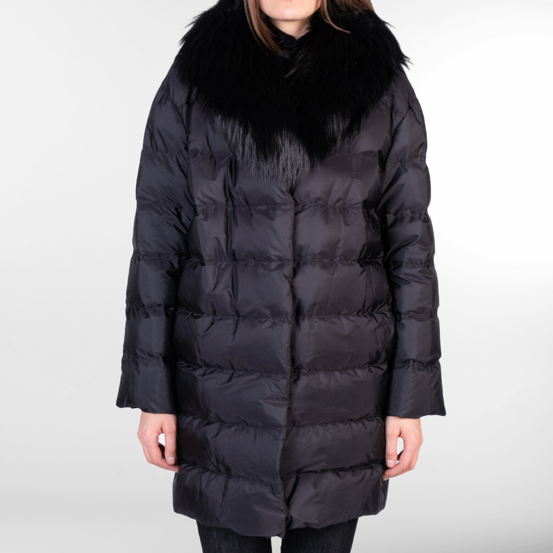 RRP £ 2220 Brand New With Tags PRADA Piumino Womens Black Down Jacket XL - Silk Blend Lined - Fox Fur Collar