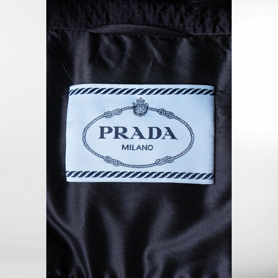 RRP £ 2220 Brand New With Tags PRADA Piumino Womens Black Down Jacket XL - Silk Blend Lined - Fox Fur Collar